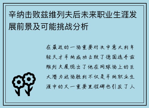 辛纳击败兹维列夫后未来职业生涯发展前景及可能挑战分析 辛纳击败兹维列夫后未来职业生涯发展前景及可能挑战分析